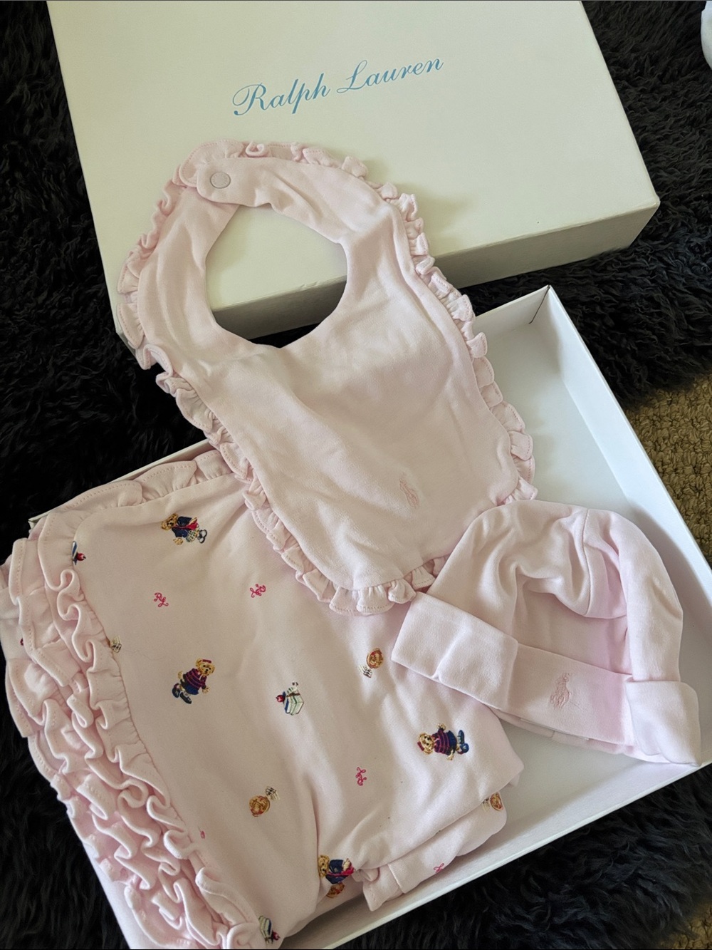 Ralph Lauren Light Pink Baby Ruffle Blanket and Hat Set
